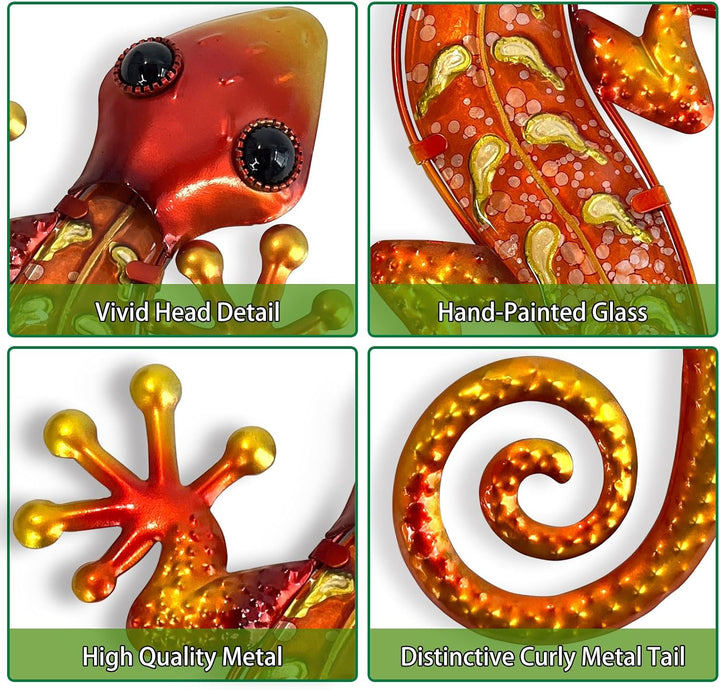 HONGLAND Metall-Gecko-Wandkunst, 38,1 cm, Eidechse, Outdoor-Dekoration, hängende Glas-Skulptur, 2 St