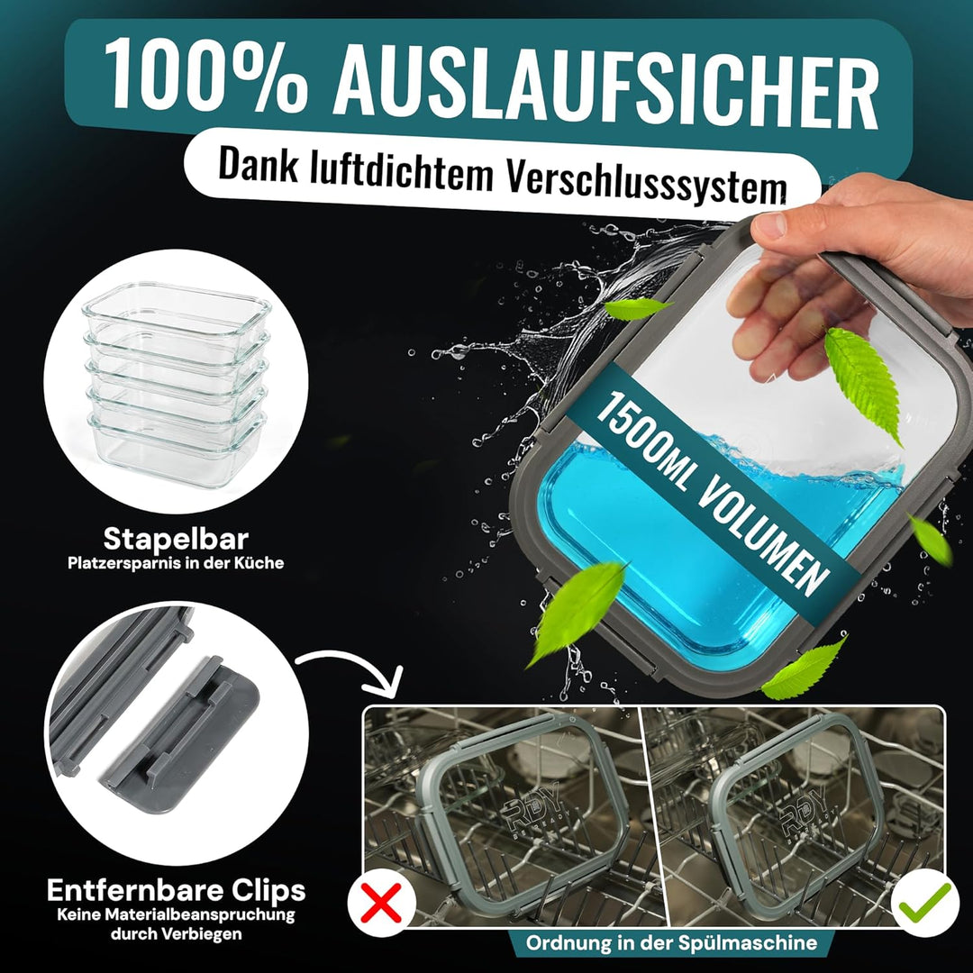 RDY® Meal Prep Boxen Glas 1500ml - 5er Set - luftdichte Glasbehälter Mikrowelle, Backofen, Gefrierfa