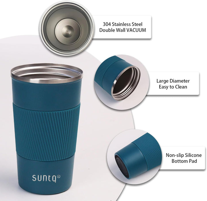 SUNTQ Kaffeebecher to go Thermo aus Edelstahl - Thermobecher mit Gummierte Manschette Doppelwand Iso