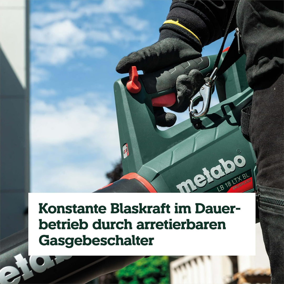 Metabo Akku-Laubbläser LB 18 LTX BL (601607850) 18V, 150 km/h Luftgeschwindigkeit (Tragegurt, gummie
