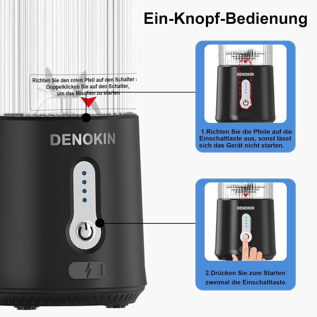 DENOKIN Tragbarer Mixer to Go/Blender/Smoothie Maker, 450ml Becher, Kabellos & USB-C Wiederaufladbar