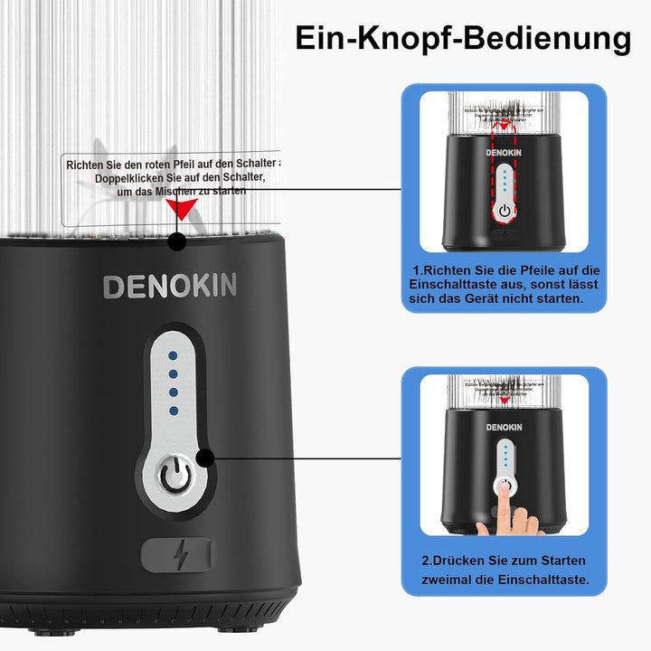 DENOKIN Tragbarer Mixer to Go/Blender/Smoothie Maker, 450ml Becher, Kabellos & USB-C Wiederaufladbar