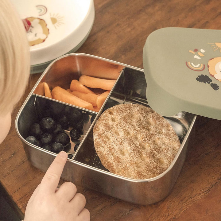 kikadu Brotdose Löwe Olive - Kindergeschirr, BPA-frei, 18/8 Edelstahl, mit niedlichen Aufdrucken, Ma