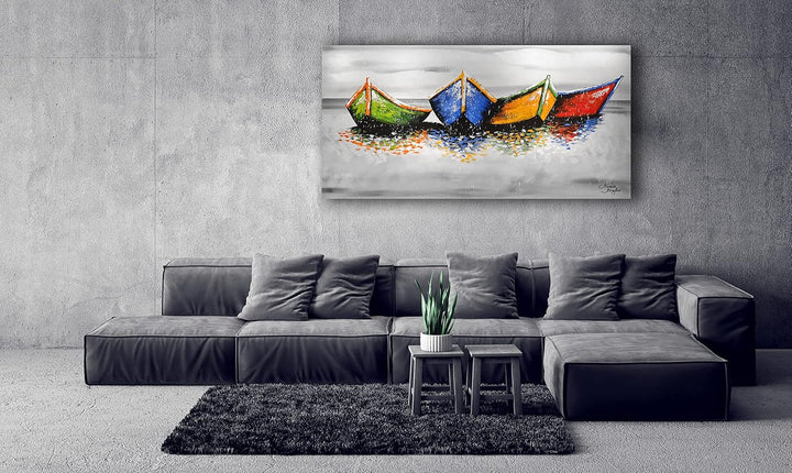 Monica Mirafiori I 100% HANDGEMALT I Gemälde Boote am Strand 140x70cm | Gemälde Handgemalt | Acrylge