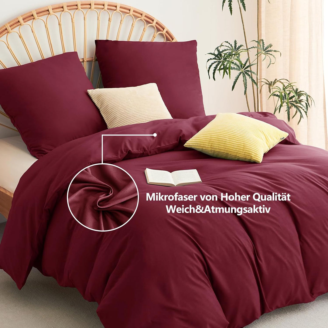 WAVVE Bettwäsche 200x200 3 teilig Weinrot Rot - Bettbezug 200 x 200 Set mit Kissenbezüge 80x80 cm, B