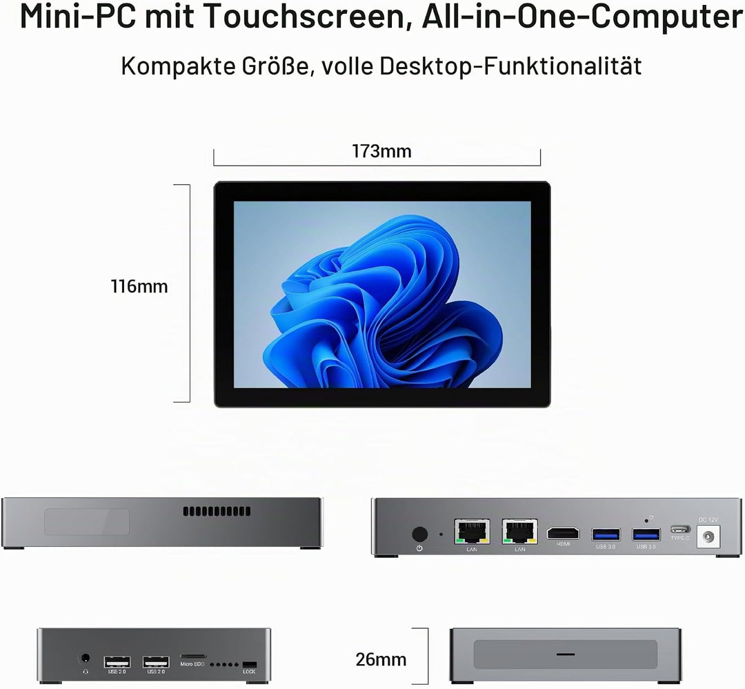 Mini PC Win 11 Pro, 12 Gen N100 (3,4 GHz), 7 Zoll Bildschirm 8GB RAM 128GB eMMC mit Akku, USB-C Mini