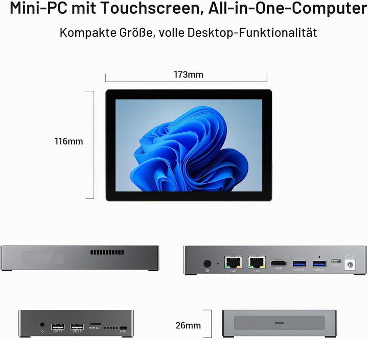 Mini PC Win 11 Pro, 12 Gen N100 (3,4 GHz), 7 Zoll Bildschirm 8GB RAM 128GB eMMC mit Akku, USB-C Mini