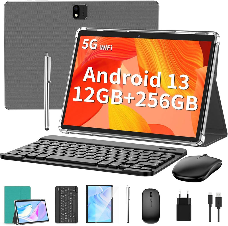 QDDQ Tablet 10 Zoll, 2-in-1 Tablet mit Tastatur, Android 13 Tablet, 256GB ROM+1TB TF, 8000mAh mit Hü