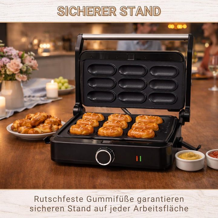 Syntrox Brezel Nugget Kombigerät Multifunktionsmaker mit Wechselplatten, Kontaktgrill Edelstahl, Mul