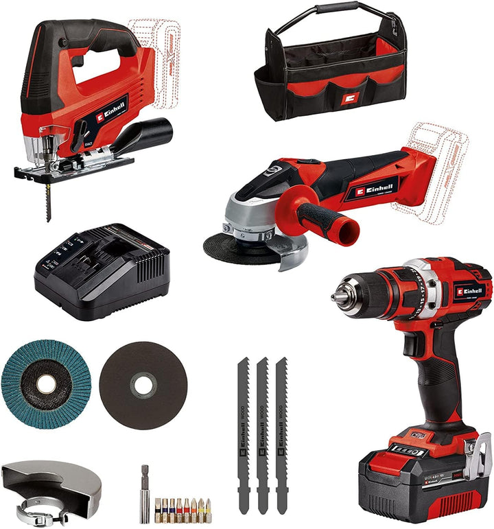 Einhell Akku-Bohrschrauber TE-CD 18/40 Li + Akku-Winkelschleifer TC-AG 18/115 Li + Akku-Stichsäge TC