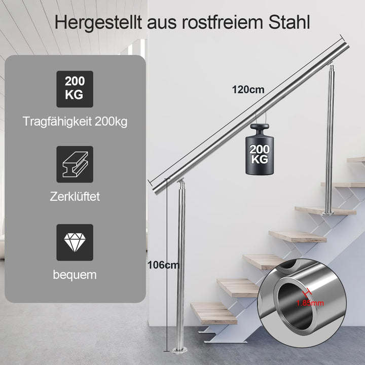 120cm Treppengeländer Edelstahl mit ohne Querstreben, Handlauf Winkelverstellbar, Geländer für Ausse