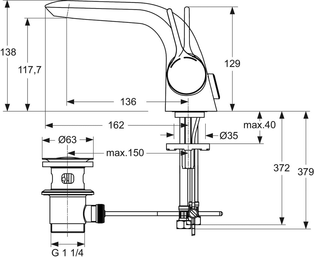 Ideal Standard A4260AA Melange Waschtischarmatur mit Zugknopf-Ablaufgarnitur mit flex.