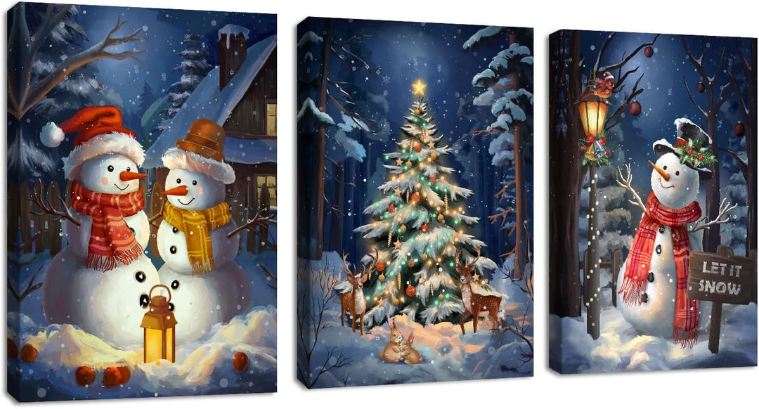 3Pcs Leinwandbilder Bilder mit Rahmen Blau Weihnachten Schnee Schauplatz bild auf leinwand Schneeman
