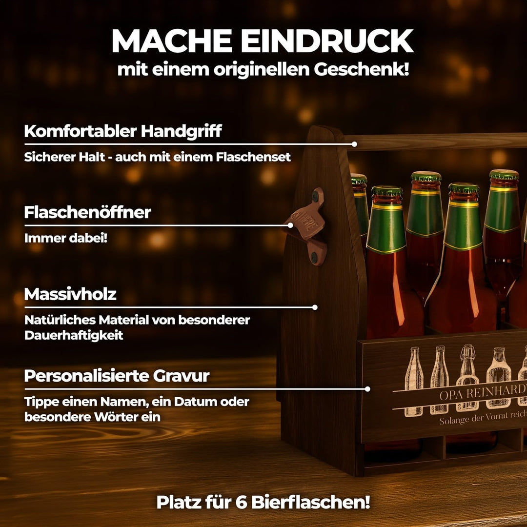 Maverton Bierträger für 6 Flaschen 0,5L + Gravur - Männerhandtasche mit Flaschenöffner - Grösse: 25x