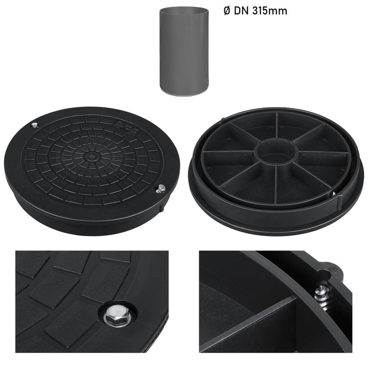 Kanaldeckel für Glattrohr Ø DN315 Schachtabdeckung Schachtdeckel Kontrollschacht Schwarz für Glattro