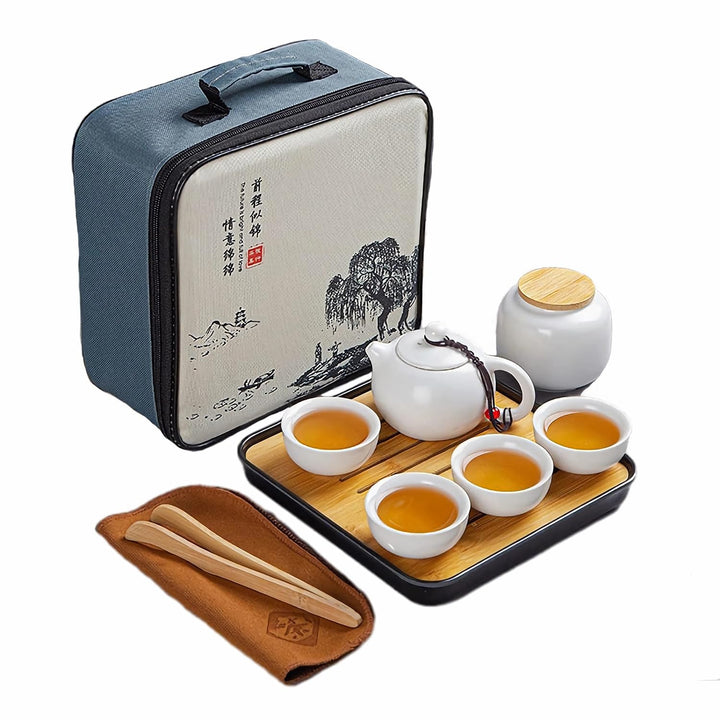 Teekanne Sets, Chinesisches Kungfu Teeservice, Keramik Teekanne mit 4 Tassen und Teedose Tablett, Al