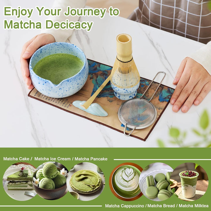 Premium Matcha Tea Set 8- piece Matcha Broom Set with Whisk, Broom Holder, Ceramic Bowl, 2 Teaspoons