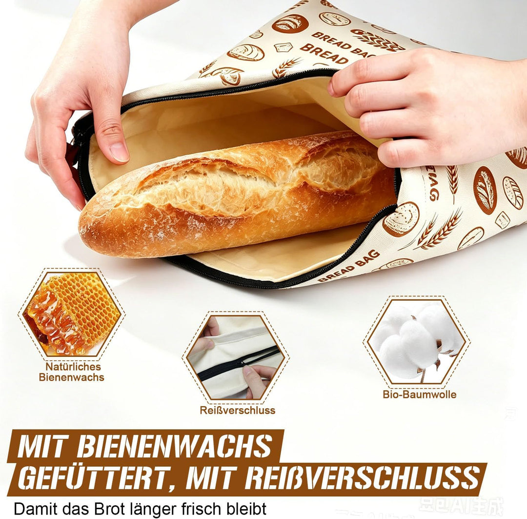 2er Set Bienenwachs Brotbeutel mit Reissverschluss, wiederverwendbar aus Leinen, für Sauerteig &amp; Bac