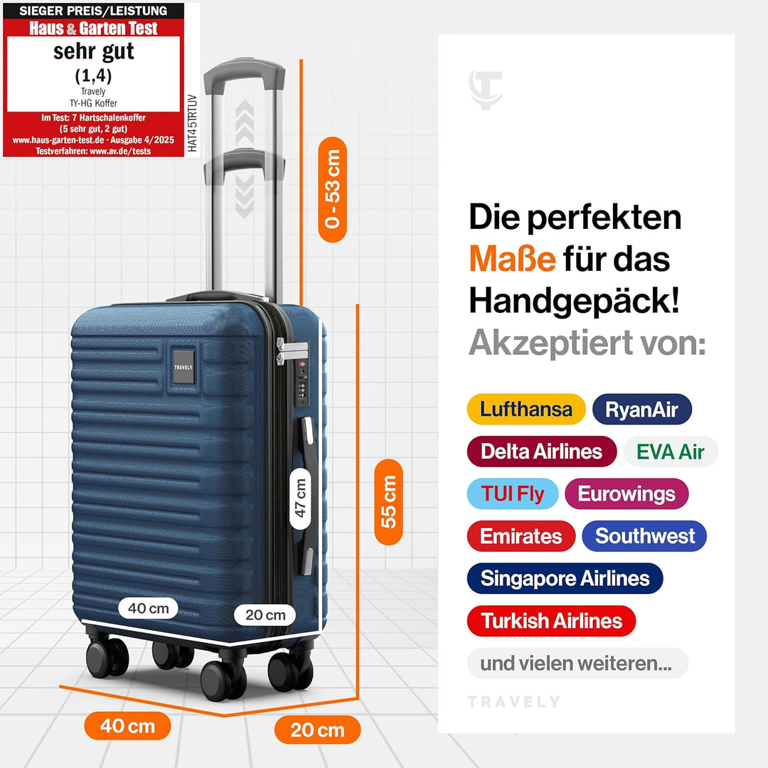 Travely Premium Handgepäck Koffer 55x40x20cm - passend für Ryanair, Lufthansa, Eurowings und co. I 3