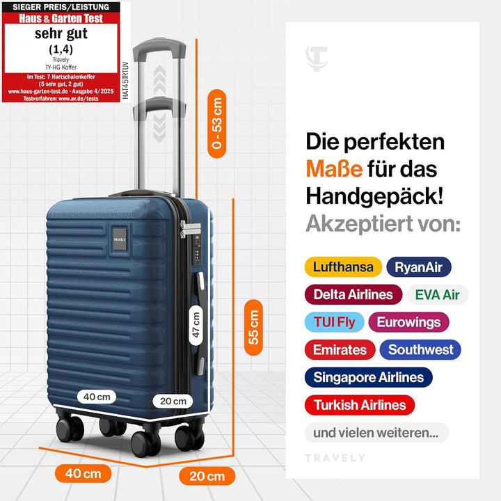Travely Premium Handgepäck Koffer 55x40x20cm - passend für Ryanair, Lufthansa, Eurowings und co. I 3