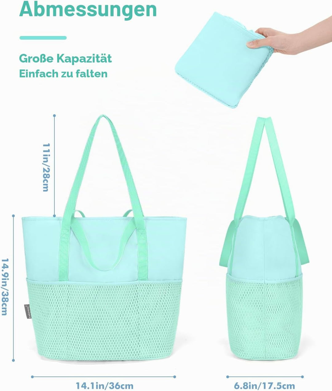 KABAQOO Strandtasche Damen mit Reissverschluss Badetasche Klein mit Fächern Faltbar Shopper Tasche S