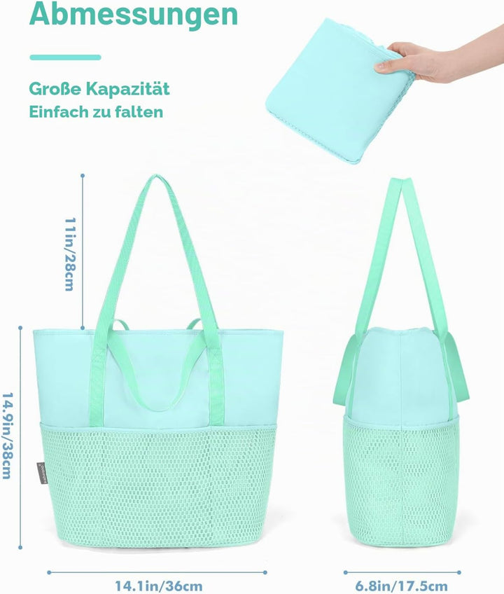 KABAQOO Strandtasche Damen mit Reissverschluss Badetasche Klein mit Fächern Faltbar Shopper Tasche S
