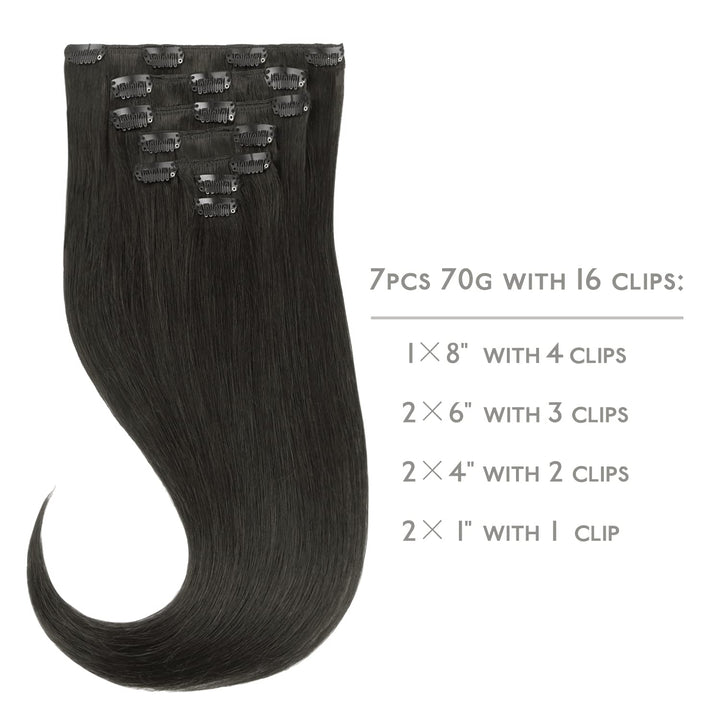 WENNALIFE Clip in Extensions Echthaar, 70g 7pcs 45cm Natürliches Schwarz Echthaar Extensions Clip in