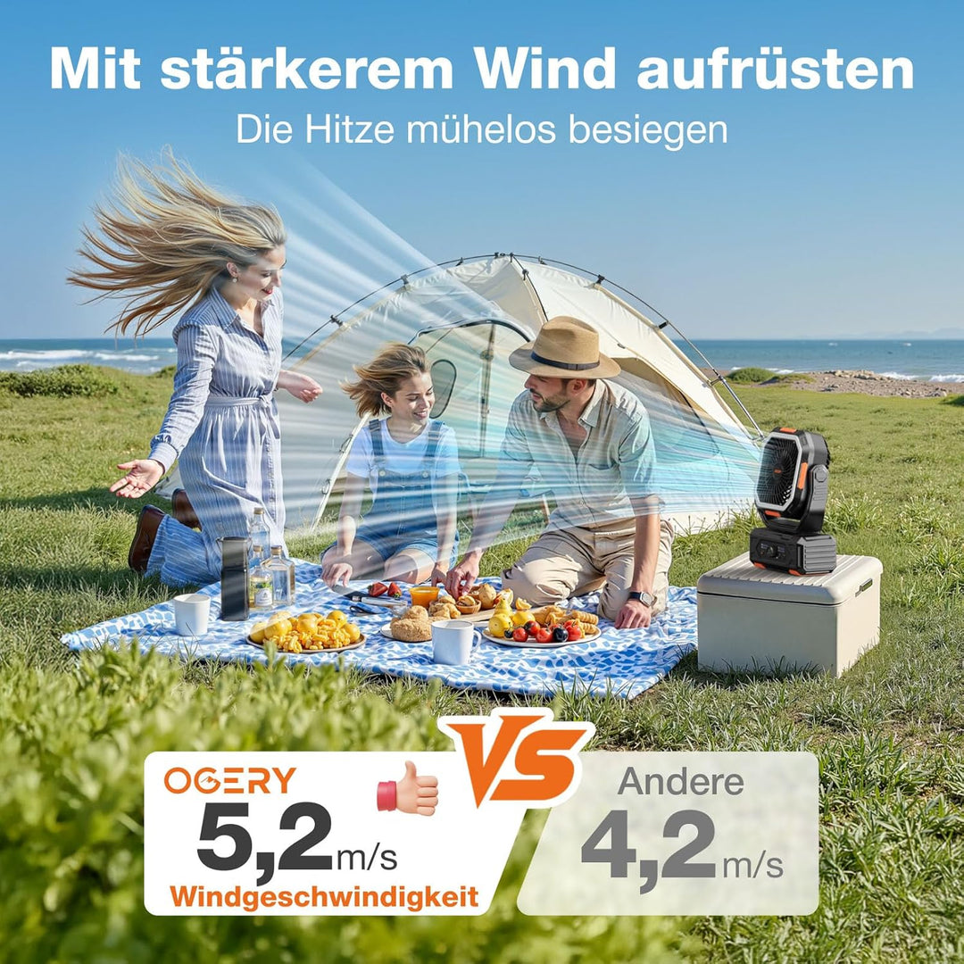 OGERY 2025 Camping Ventilator tragbar mit Akku, 20000mAh Battery, Starke Luftleistung mit Stufenlose