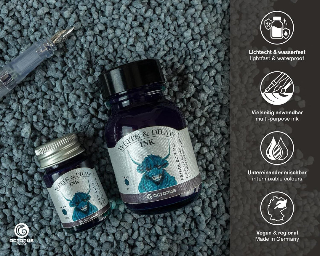 Octopus Write and Draw Ink 419 Petrol Buffalo, wasserfeste Tinte zum Schreiben und Zeichnen, Kalligr