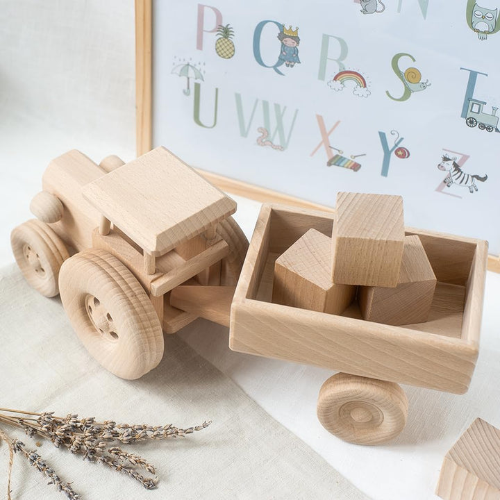 Hofmeister Holzwaren Trecker mit Anhänger, Spielzeug Auto Kinder, oder, Dekoration, aus Buchenholz L