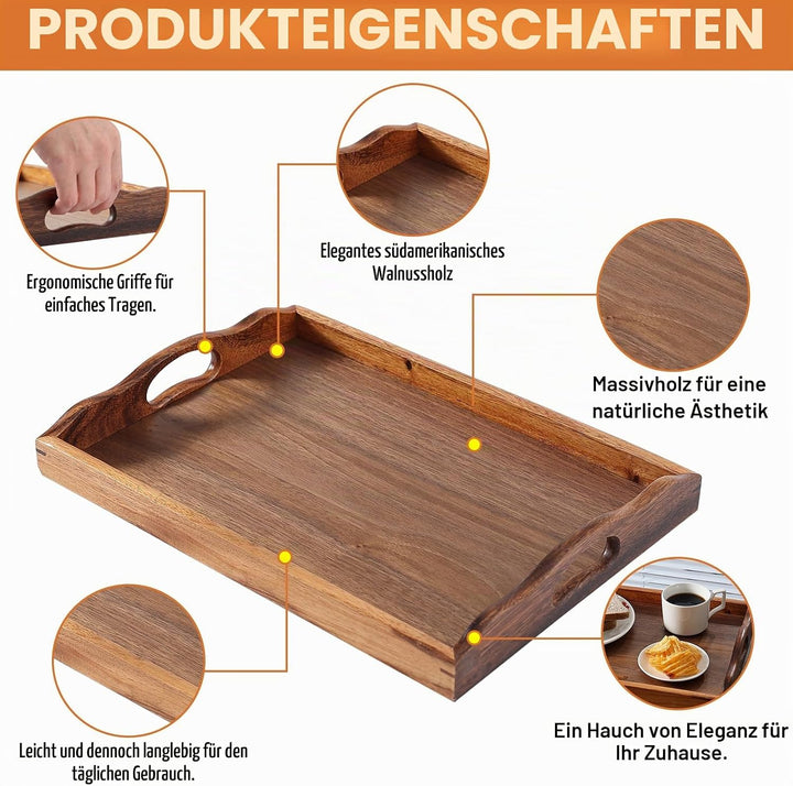 Nature Serviertablett aus Walnussholz, mit Griffen, Massivholz, für Kaffee, Frühstück, Abendessen, O