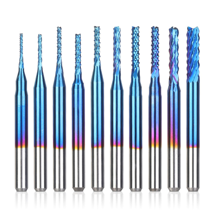 SainSmart Genmitsu 10Pcs Nano Blue Coat Schaftfräser-Satz CNC Fräser für Holz PVC Aluminium, 0,8-3 m