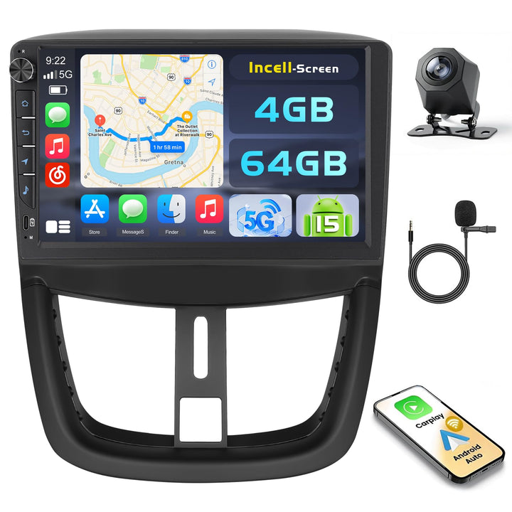 Hikity Android 15 4+64G Autoradio für Peugeot 207 2006-2010 mit 9 Zoll Incell Touchscreen, Autoradio
