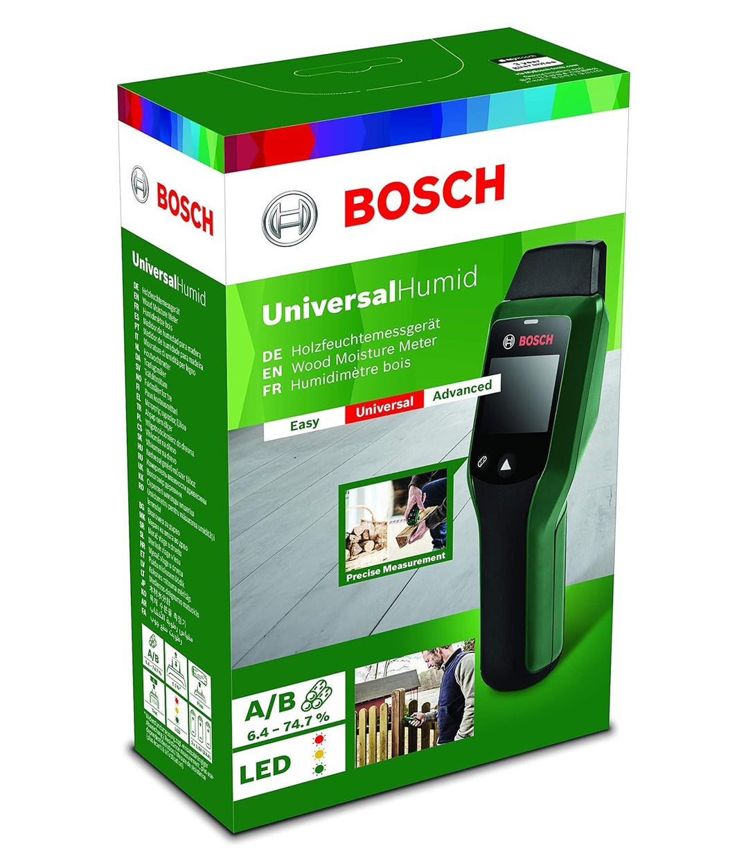 Bosch Feuchtemessgerät UniversalHumid (Holzgruppenauswahl, Holzgruppenaufkleber in 12 Sprachen,