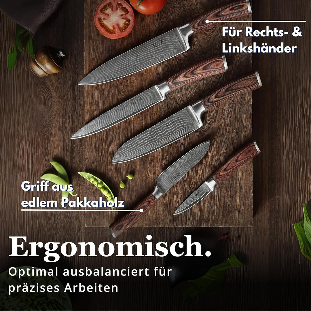 Wakoli 5er Damastmesser-Set mit Klingenlängen von 8,50cm bis 20,00cm, extrem scharf aus 67 Lagen I a