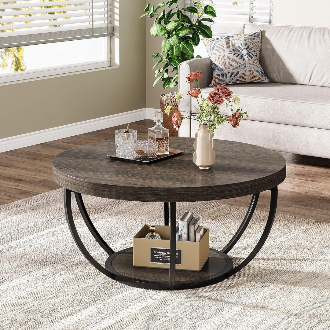Tribesigns Runde Couchtisch, Industrial 2-Tier-Kreis Couchtisch mit Lagerung Regale, Moderne hölzern