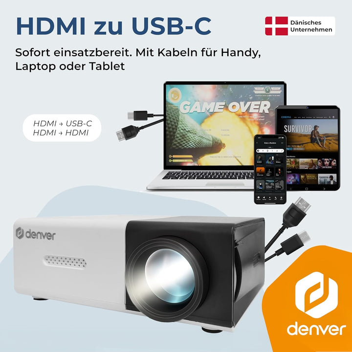 DENVER PR-1000 Mini Beamer, Unterstützt Full HD 1080p, Tragbarer LED Projektor mit HDMI, USB-C & Mic