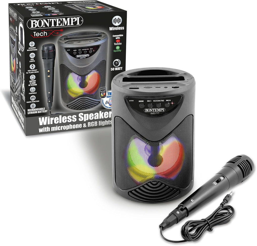 Bontempi | SonicSync - Drahtloser Verstärker Karaoke mit dynamischem Mikrofon, Smartphone-Fach, Lich