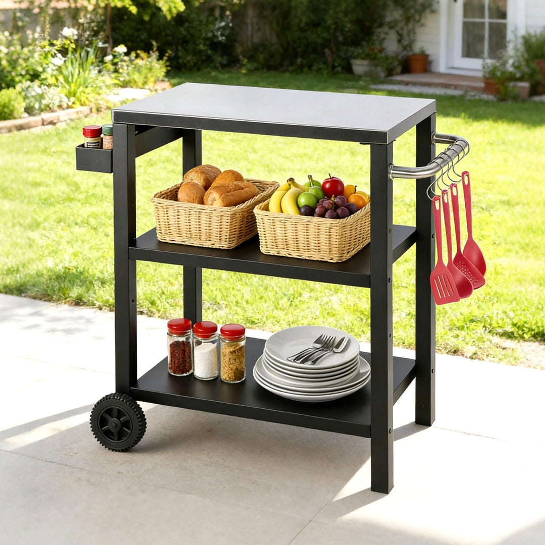 Grillbeistelltisch | Outdoor-Grilltisch mit Verstellbarer Ablage, Gewürzregal und 6X Haken, mobiler