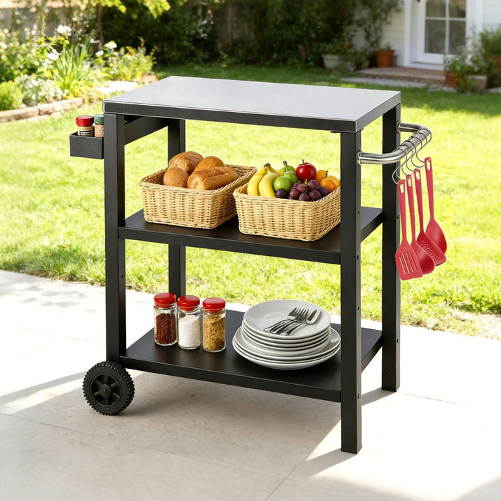 Grillbeistelltisch | Outdoor-Grilltisch mit Verstellbarer Ablage, Gewürzregal und 6X Haken, mobiler