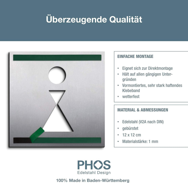 PHOS Design, PS0401K, WC Türschild Frau, 12 x 12 cm, Toilettensymbold mit Design Award, Edelstahl ma