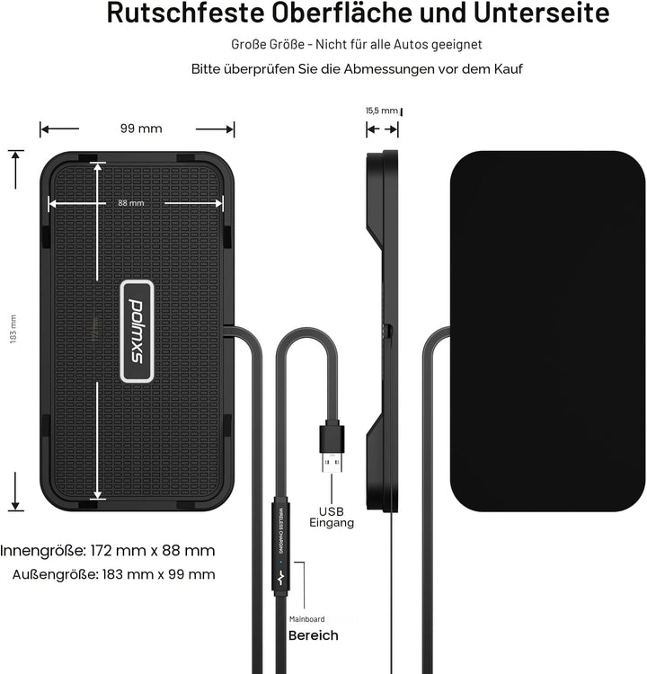 Wireless Charger Auto, Polmxs 15W Schnell Kabellose Ladestation Auto rutschfeste Matte Large Size La