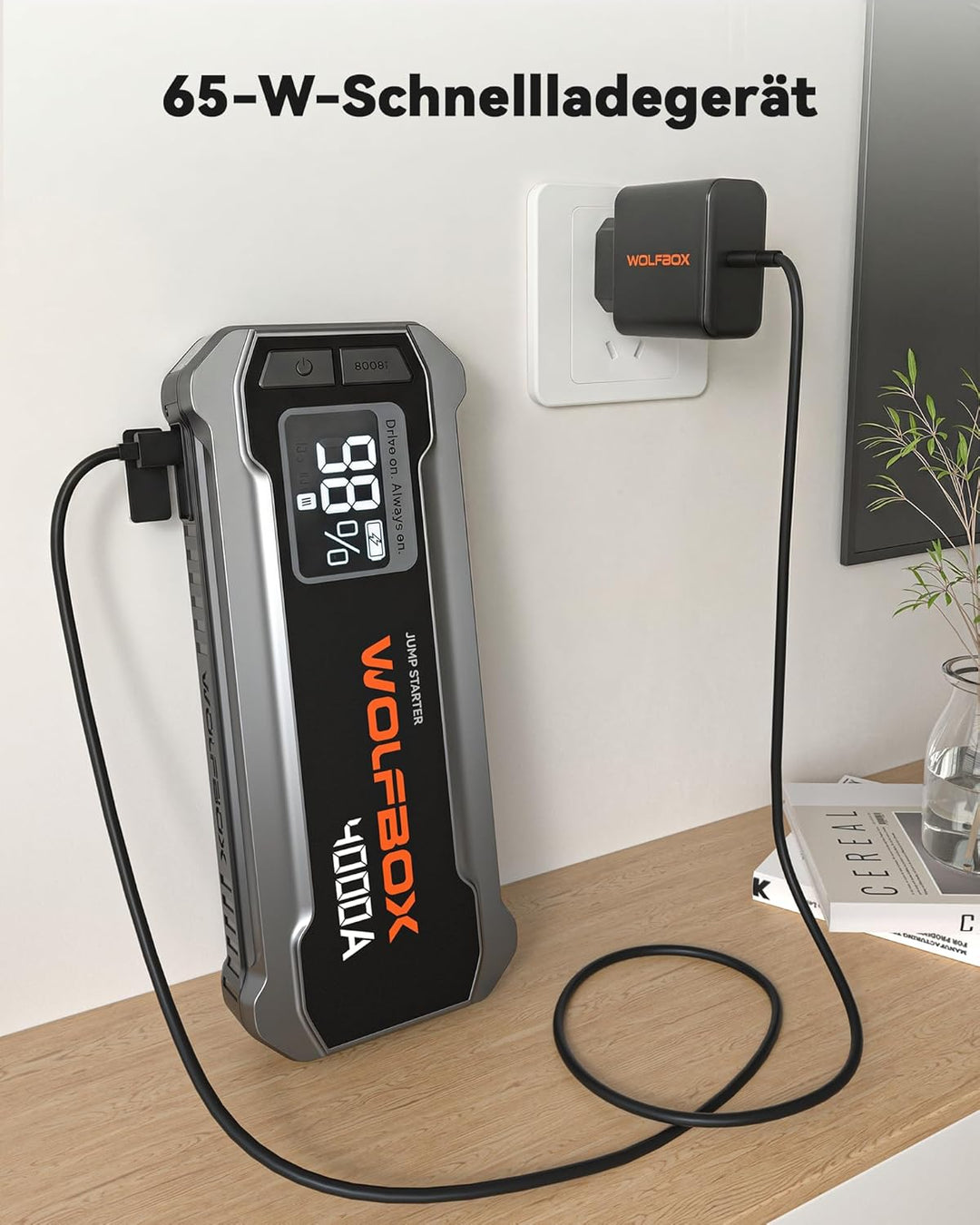 Wolfbox 65W Typ-C PD-Ladegerät, kompatibel mit Wolfbox Starthilfegeräten, Schnellladefunktion, unive