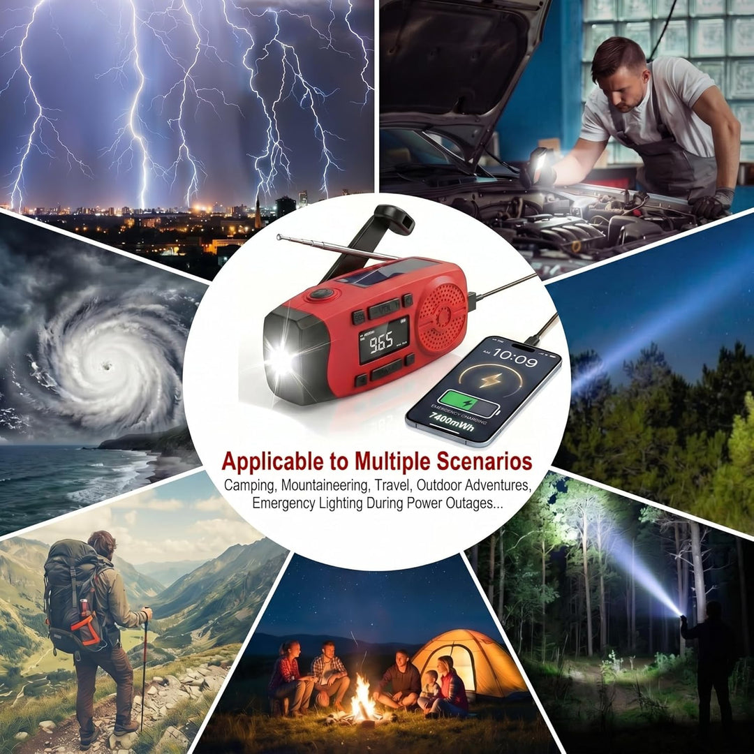 Solarkurbel-Notfallradio mit LCD-Display, 2000mAh Powerbank, 3-in-1 Taschenlampe mit SOS-Alarm, trag