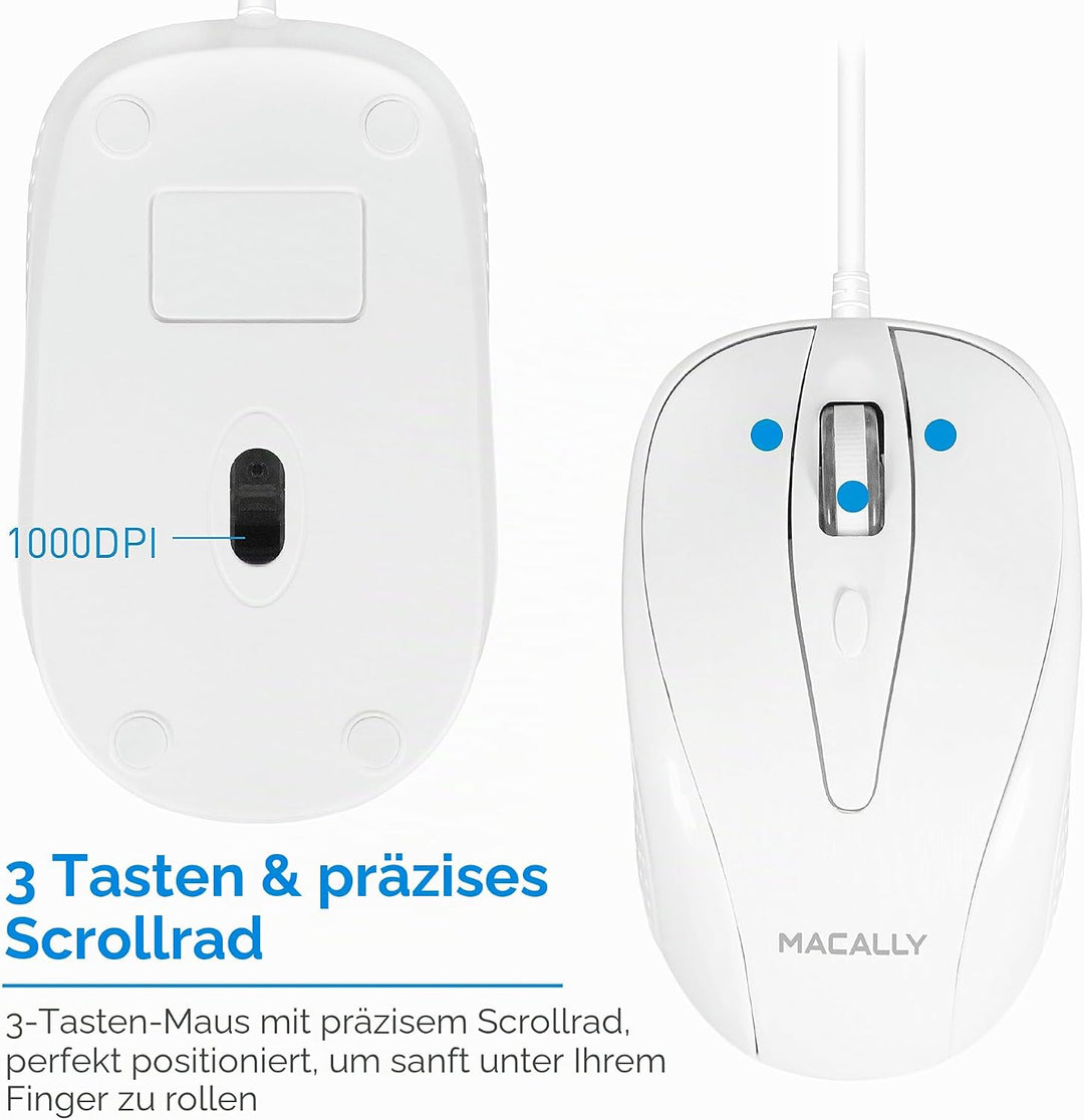 Macally UCTURBO, MacBook Maus USB C, optisch mit Kabel, Mouse für USB-C Notebook und Laptop, weiss /