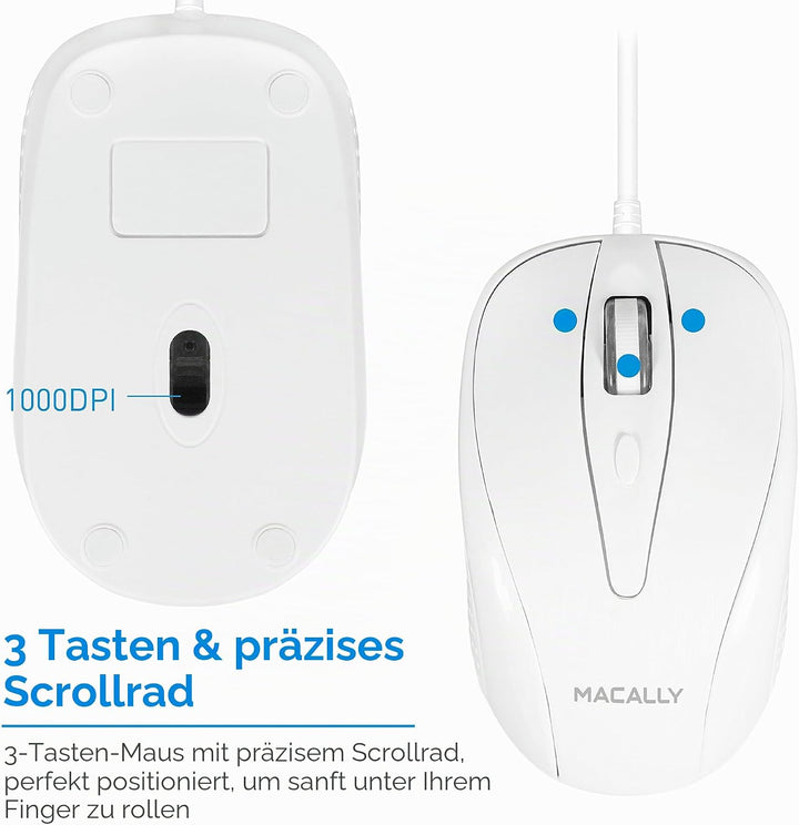 Macally UCTURBO, MacBook Maus USB C, optisch mit Kabel, Mouse für USB-C Notebook und Laptop, weiss /