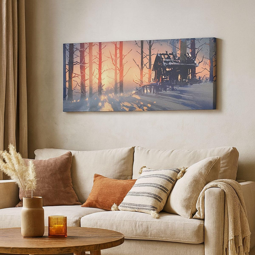 Panorama Bilder auf Leinwand 100x40cm Leinwandbild Winter Wald Hütte Gross Wanddeko Bild Schlafzimme