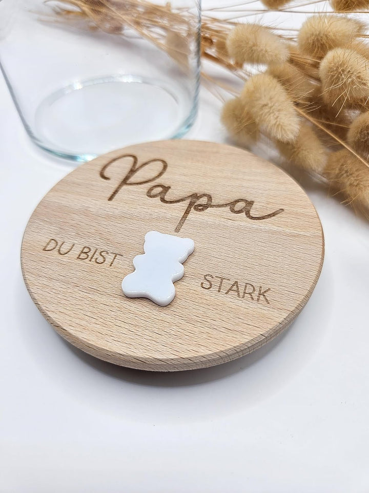 Generisch Personalisiertes Vorratsglas mit Holzdeckel, Papa Du Bist Stark Gravur, 530ml, mit 3D Acry