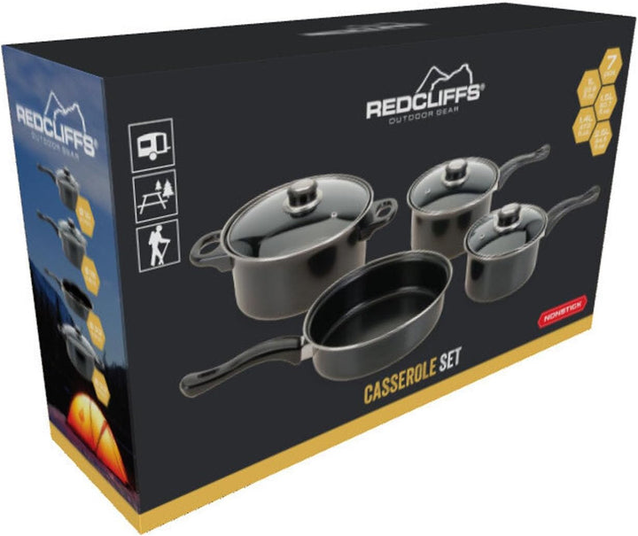 Camping Kochtopfset 7-teilig Leichtes Aluminium Topfset für Gasherde, 2 x Stieltopf mit Deckel | 1 x