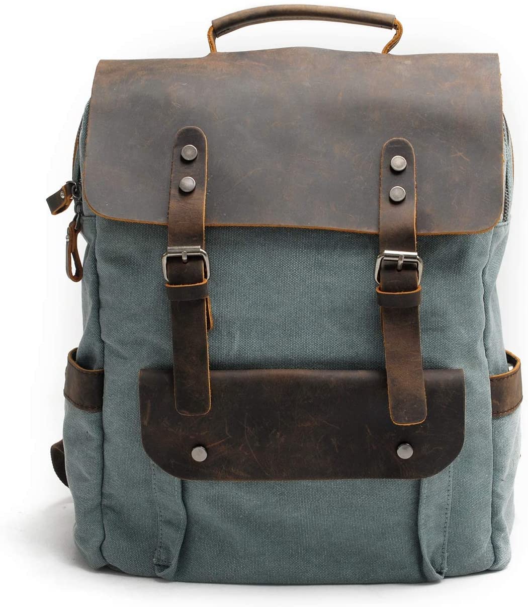 Eysee Daypack Herren Rucksack Canvas mit Leder- Vintage Rucksack Laptoprucksack für 15 Zoll Laptop U